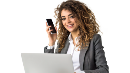 A Friendly Curly-Haired Businesswoman Managing Communication on Transparent Background, PNG