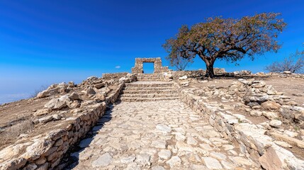 Fototapeta premium Ancient stone archway and a solitary tree stand atop a rocky hill under a clear blue sky.