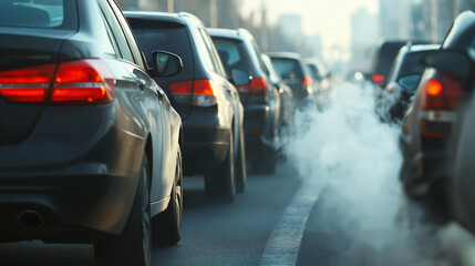 A dense line of cars stuck in a traffic jam, their exhaust pipes releasing clouds of smoke into the air, causing visible air pollution in the city.