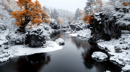 Fototapeta premium Snowy river scene, orange trees, winter landscape, tranquil nature