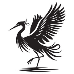 Heron Bird Silhouette Vector Illustration, Solid White Background.