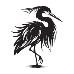 Heron Bird Silhouette Vector Illustration, Solid White Background.