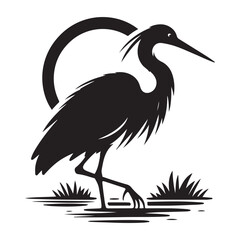 Heron Bird Silhouette Vector Illustration, Solid White Background.