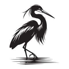 Heron Bird Silhouette Vector Illustration, Solid White Background.