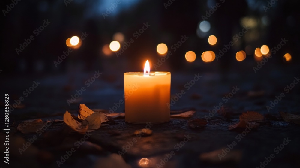 Poster in the cool twilight, a solitary candle burns brightly, casting a warm glow amid a backdrop of shado