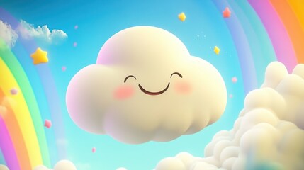 A cheerful, cartoon cloud with a smiling face against a vibrant sky filled with rainbows and stars.