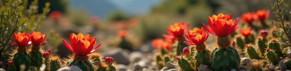 Red Lobivia cactus flowers in the wild with other plants, wild, nature, garden