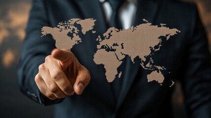 Business professional interacts with a world map display in a modern office setting