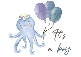 Whimsical octopus with balloons celebrating a boy's arrival in soft watercolor design
