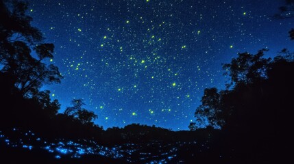 Naklejka premium A breathtaking night scene featuring a starlit sky and bioluminescent lights from fireflies illuminating the forest.