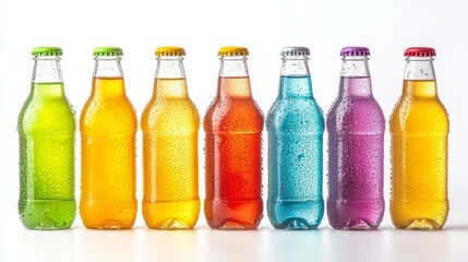 Colorful soda bottles arranged in a row with condensation in a bright setting
