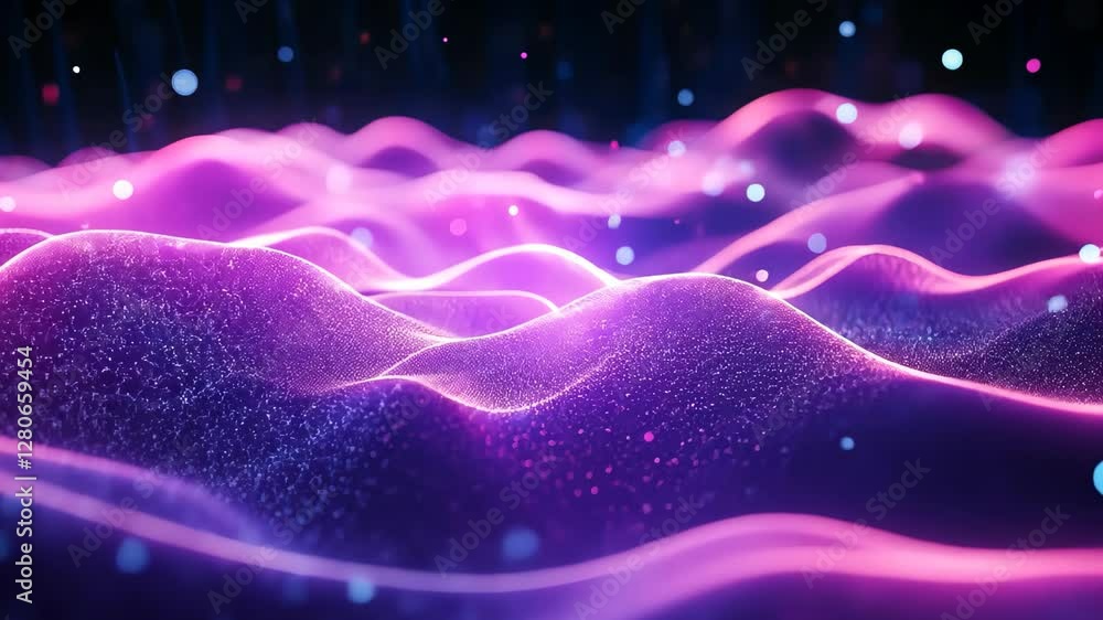 Poster exploration of vibrant digital cyberpac particles wave animation in an abstract landscape, digital c