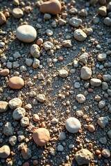 Rocky terrain with small gravel stones scattered on the ground, gravel, earthy, texture