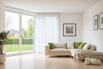 Modern living room with white color scheme skylight and gray throw pillows