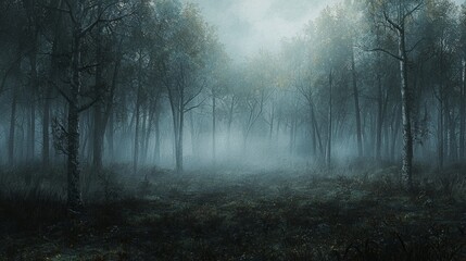 Fototapeta premium Mysterious Foggy Forest with Mystical Trees and Ethereal Ambiance in Soft Lighting and Lush Greenery Surrounding Pathway