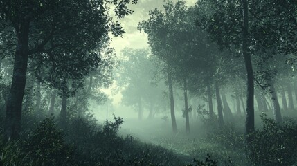Fototapeta premium Mysterious Foggy Forest Landscape with Lush Green Trees and Soft Light Filtering Through Mist in a Serene Natural Setting
