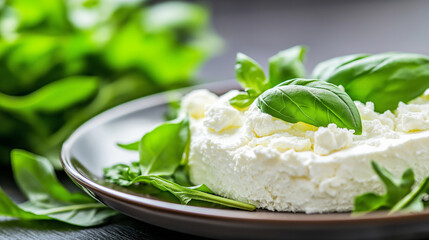 A plate of fresh ricotta cheese garnished with basil and served with a side of spinach and arugula, creating an appealing visual of healthy eating.