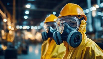 Two workers wearing protective and gas masks in an industrial setting, with one worker standing behind the other facing forward, both dressed in yellow safety suits and helmets.