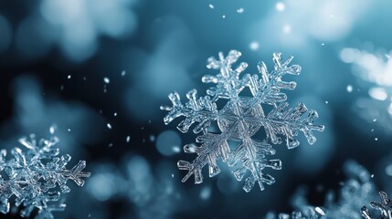 Close-up of delicate snowflakes falling against a soft blue backdrop, creating a serene winter atmosphere.
