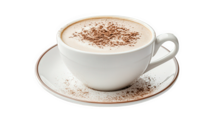 a beautifully crafted cup of coffee topped with a sprinkle of cocoa powder. resting on a matching saucer  warmth and comfort associated with enjoying a hot beverage. perfect for relaxation or socializ