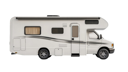 a side view of a recreational vehicle (rv). showcasing its spacious design and features such as windows. a door. and a streamlined shape. ideal for travel and leisure activities the rv is designed for