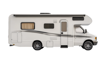 a side view of a recreational vehicle (rv). showcasing its spacious design and features such as windows. a door. and a streamlined shape. ideal for travel and leisure activities the rv is designed for