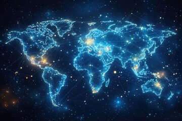 watercolor world map overlaid with glowing network connections, ethereal blue gradient background, abstract data visualization style