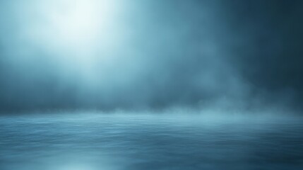 A tranquil blue mist envelops a calm water surface, creating an ethereal and serene atmosphere.