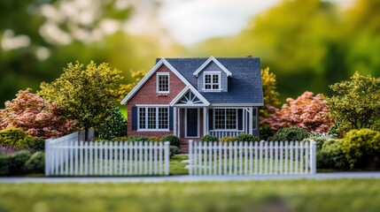 This quaint model house showcases a cozy design with a picket fence, surrounded by vibrant trees and blooming flowers, creating a serene outdoor atmosphere
