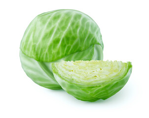 Isolated green cabbages. Whole, half, slice of green cabbage isolated on white background