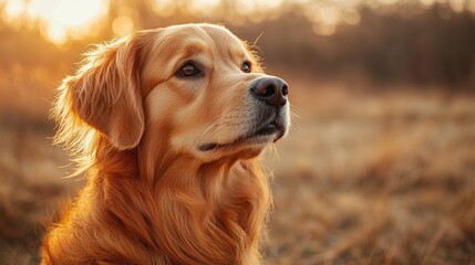 Obraz premium Golden retriever enjoying a peaceful evening in a sunlit field during autumn