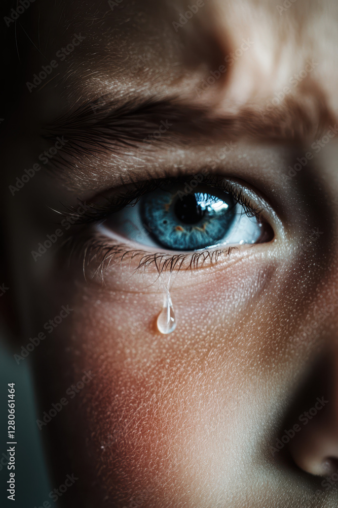 Poster capturing the raw emotion of sadness: a close-up portrait of a child's tearful eye reflecting vulner
