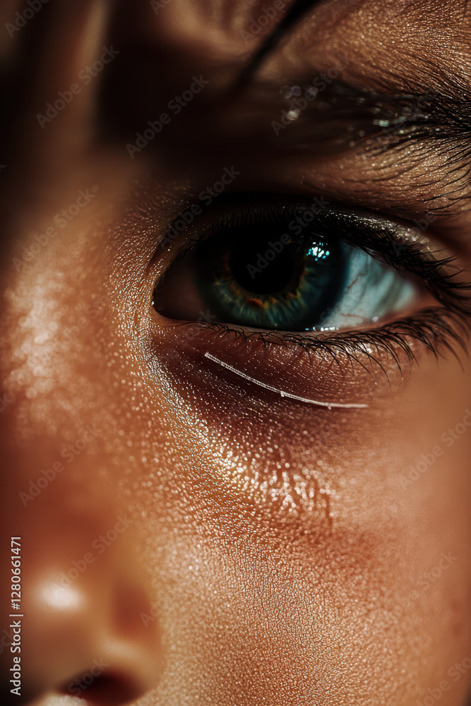 Poster a captivating close-up of a child's eye reflecting emotion and innocence in a moment of depth and vu