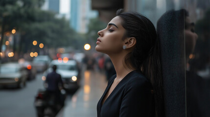 Obraz premium A side profile of a young Indian employee in a black formal dress, head pressed against the wall of a busy office district, looking emotionally drained and stressed.