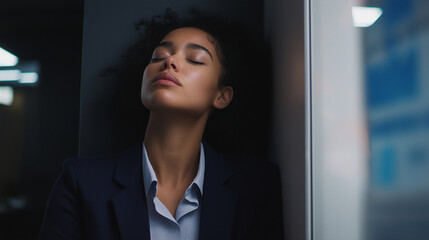 An urban office setting with a woman in a navy blue blazer, leaning her forehead against the wall, overwhelmed by financial worries and professional struggles.