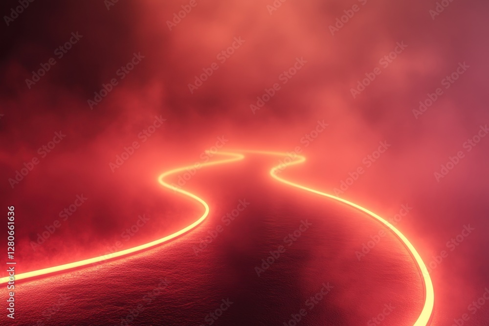 Poster winding illuminated path through fog creating an atmospheric landscape at dusk