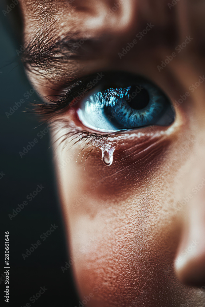 Poster capturing deep emotion: a close-up of a child's eye with an expressive tear reflecting vulnerability