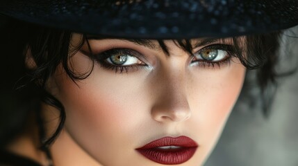 Striking close-up portrait of a woman with bold makeup and a stylish hat at a fashion event