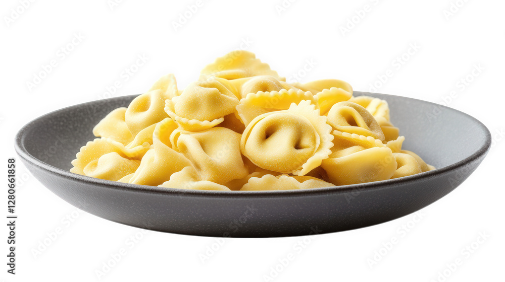 Poster a serving of uncooked pasta. specifically ravioli. is displayed in a dark bowl against a white backg