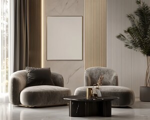 Mockup poster frame on the wall of living room. Luxurious apartment background with contemporary design. Modern interior design.