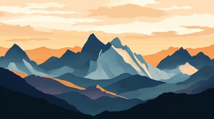 Fototapeta premium Serene Mountain Landscape Artistic Illustration Peaceful Sunset Blue Hues Nature Scene Tranquil View Majestic Peaks Dramatic Sky Orange Yellow Colors Digital Painting Artistic Artwork Beautiful 