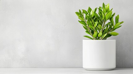 Fototapeta premium Green potted houseplant in a white ceramic pot stands on a grey surface against a textured concrete wall in bright natural light.