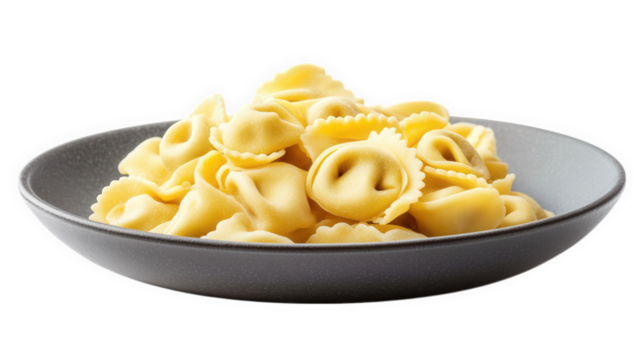 a serving of uncooked pasta. specifically ravioli. is displayed in a dark bowl against a white background. emphasizing its shape and texture  food's potential for culinary use. inviting preparation an - Powered by Adobe