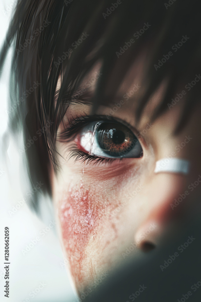 Poster captivating close-up portrait of a child reflecting emotion and resilience, featuring depth and powe