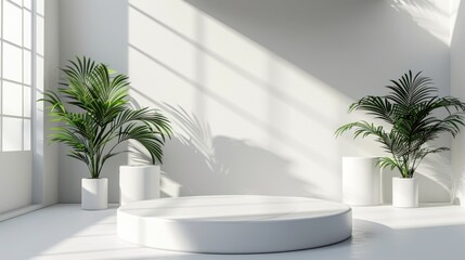 Fototapeta premium Minimal white room, cylinder podium, subtle palm leaf shadows, abstract product display setup