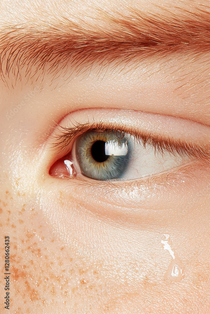 Poster capturing the depth of emotion: a stunning close-up of a tearful eye reflecting vulnerability and be