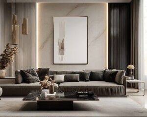 Mockup poster frame on the wall of living room. Luxurious apartment background with contemporary design. Modern interior design.