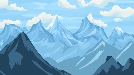 Majestic Blue Mountain Range Landscape Illustration Peaceful Serene Nature Scene Tranquil Snowy Peaks Beautiful Winter Scenery Stunning Alpine Vista Cold Climate High Altitude Outdoor Adventure Travel
