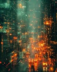 Fototapeta premium A digital cityscape featuring glowing cubes arranged in a cyberpunk style