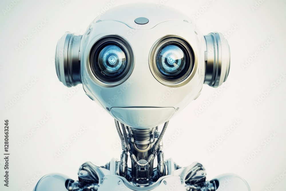 Poster robot with large expressive eyes and metallic features against a light background